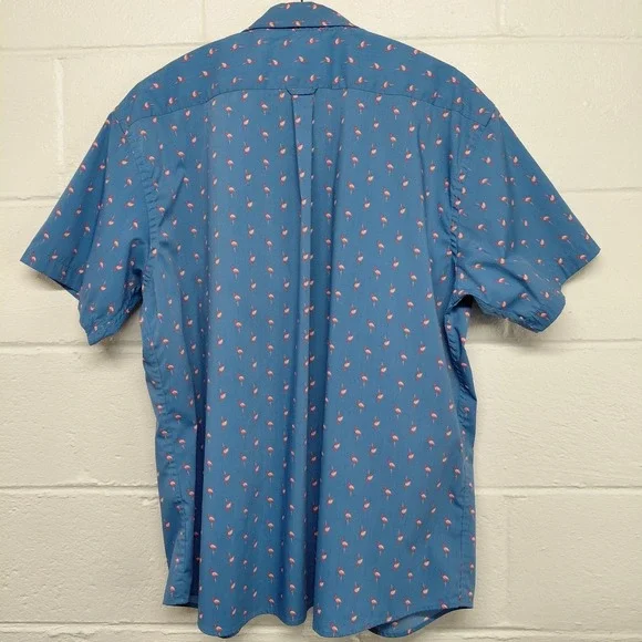 IZOD Mens XXL All Over Flamingo Print Blue Performance Button Up Beach Collared - Picture 2 of 8